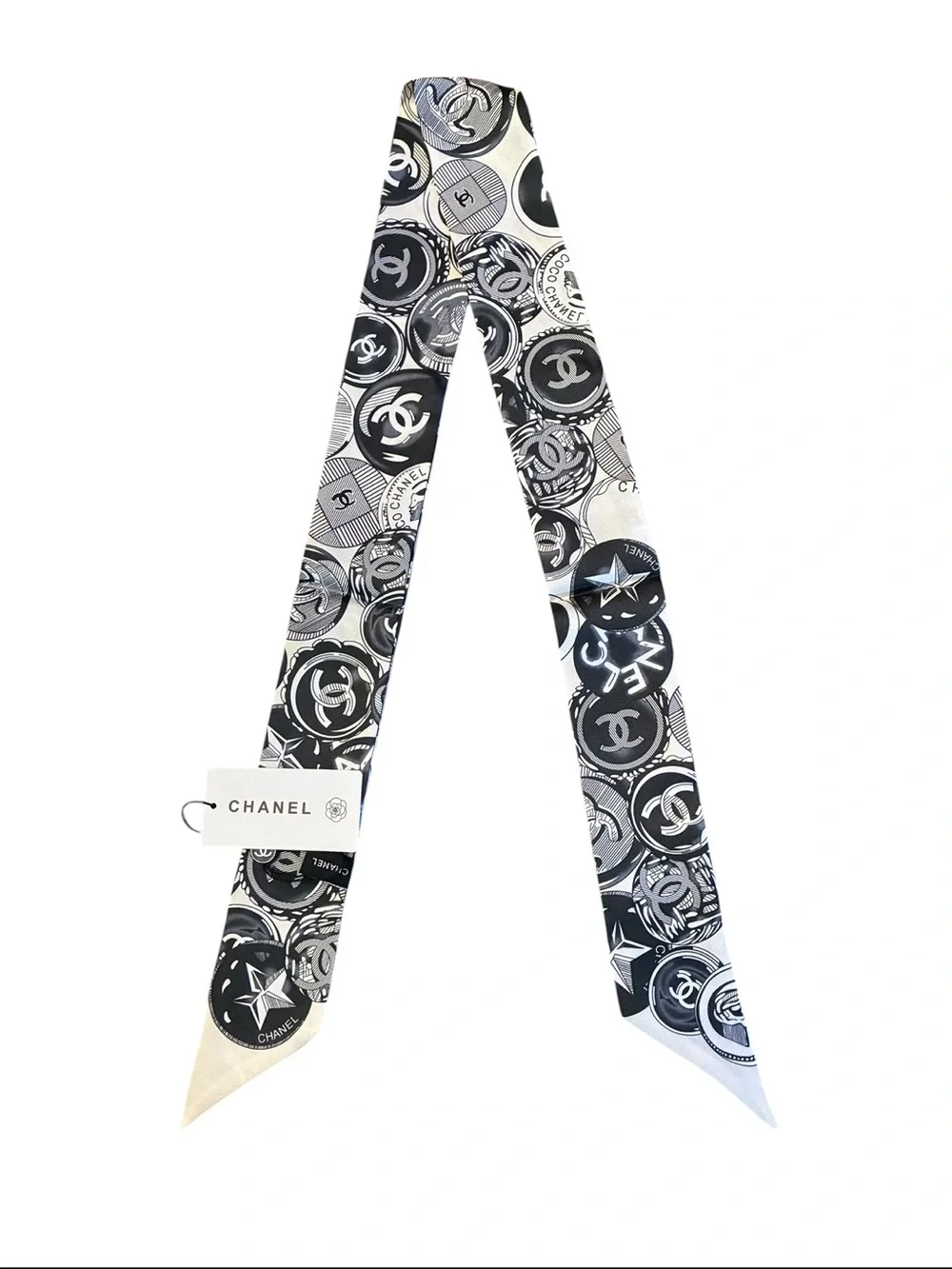 ChaneI. Ivory and Black Logo CoinTwilly , Hair, Muffler Scarf 100% Silk